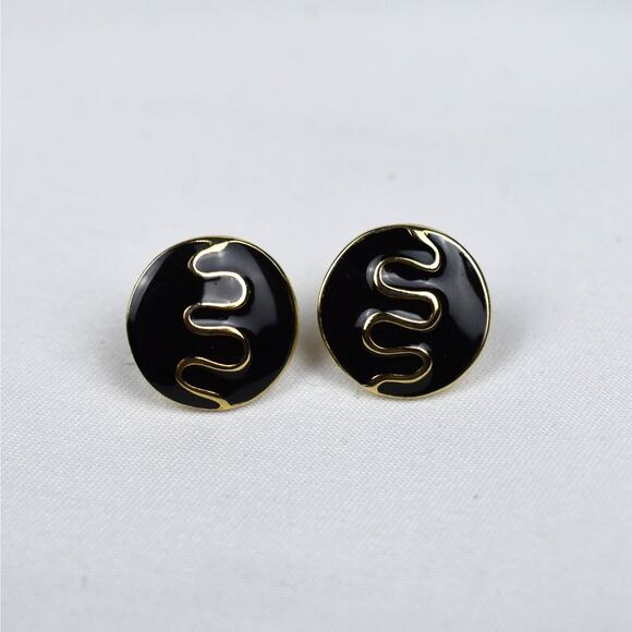 Retro vintage gold tone & black enamel squiggle wavy stud earrings whimsigoth - Picture 1 of 4